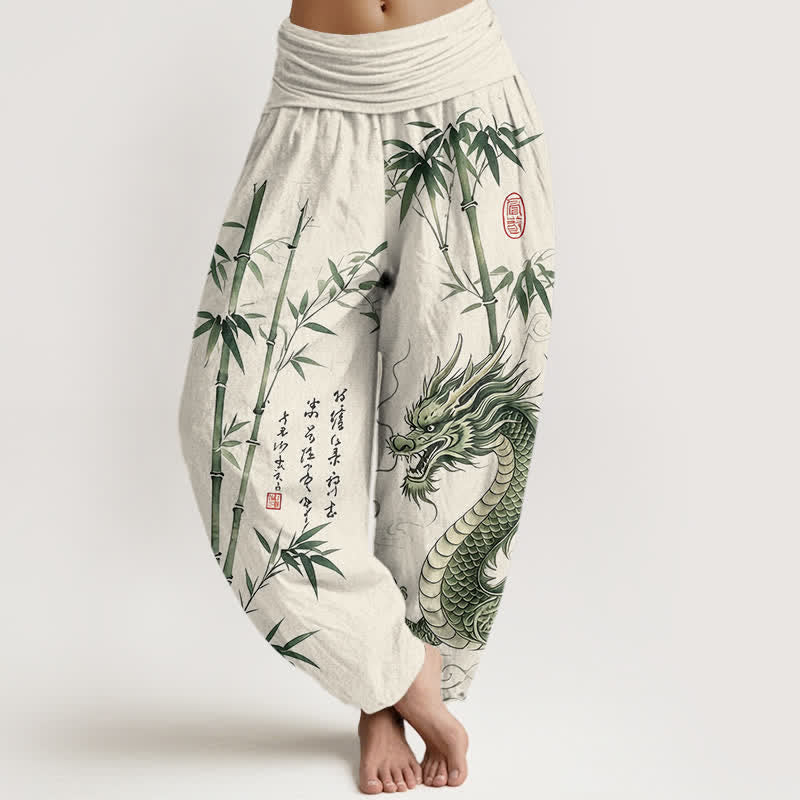 Buddha Stones Cotton Dragon Bamboo Pattern Women's Elastic Waist Harem Pants - Ivory - US16，UK/AU20，EU48 (3XL) - image 8