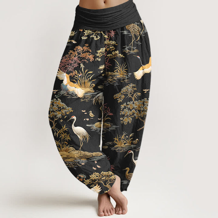 Buddha Stones Cotton Crane Reed Floral Pattern Women's Elastic Waist Harem Pants - Black - US16，UK/AU20，EU48 (3XL) - image 0