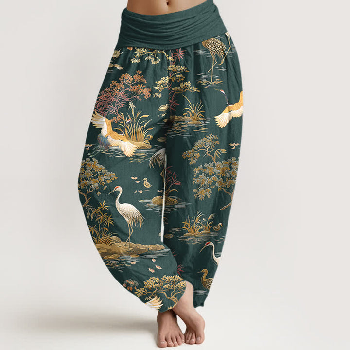 Buddha Stones Cotton Crane Reed Floral Pattern Women's Elastic Waist Harem Pants - DarkCyan - US16，UK/AU20，EU48 (3XL) - image 5