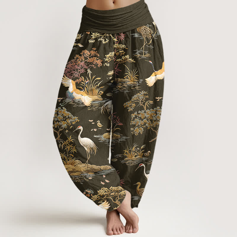 Buddha Stones Cotton Crane Reed Floral Pattern Women's Elastic Waist Harem Pants - Olive - US16，UK/AU20，EU48 (3XL) - image 8