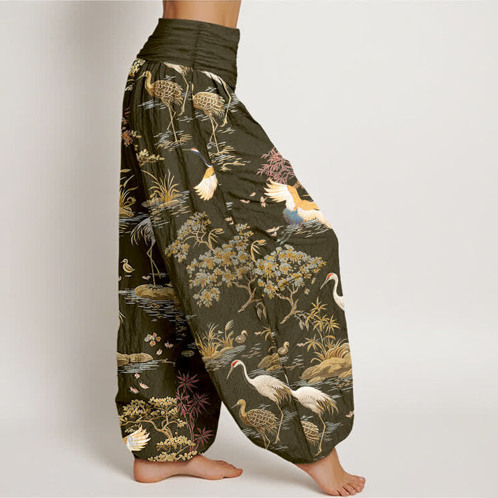 Buddha Stones Cotton Crane Reed Floral Pattern Women's Elastic Waist Harem Pants - image 9