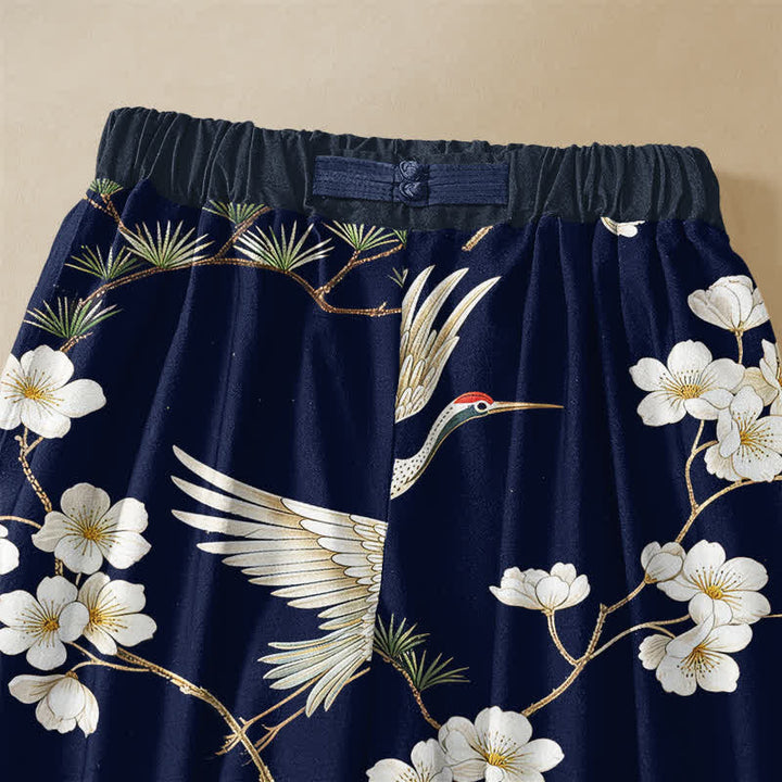 Buddha Stones Pure Cotton Vintage Crane Blossom Pattern Frog Button Women's Elastic Waist Harem Pants With Pockets - image 2