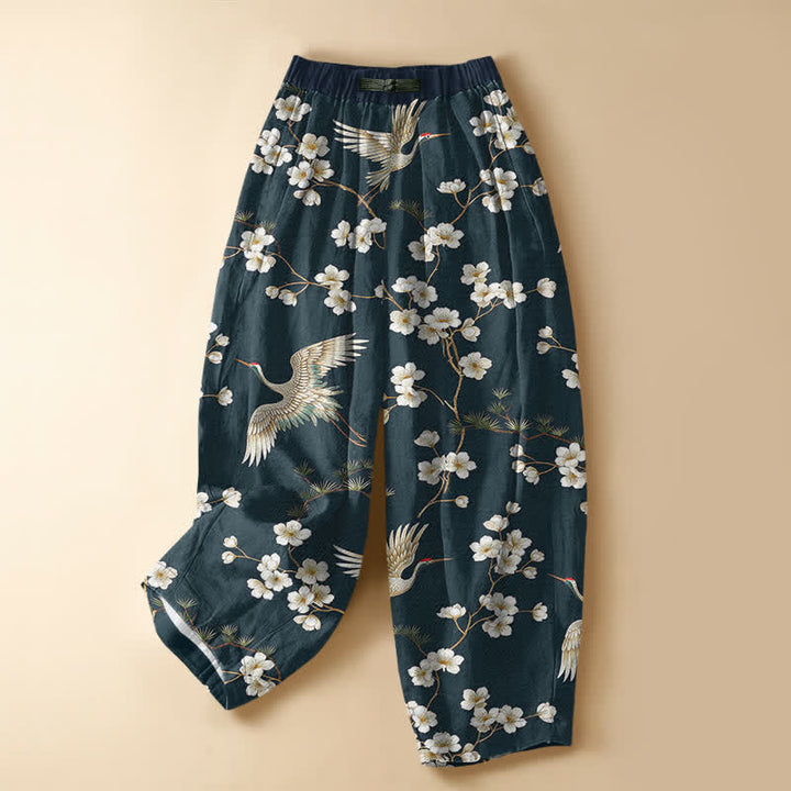 Buddha Stones Pure Cotton Vintage Crane Blossom Pattern Frog Button Women's Elastic Waist Harem Pants With Pockets - DarkCyan - US16，UK/AU20，EU48 (3XL) - image 5