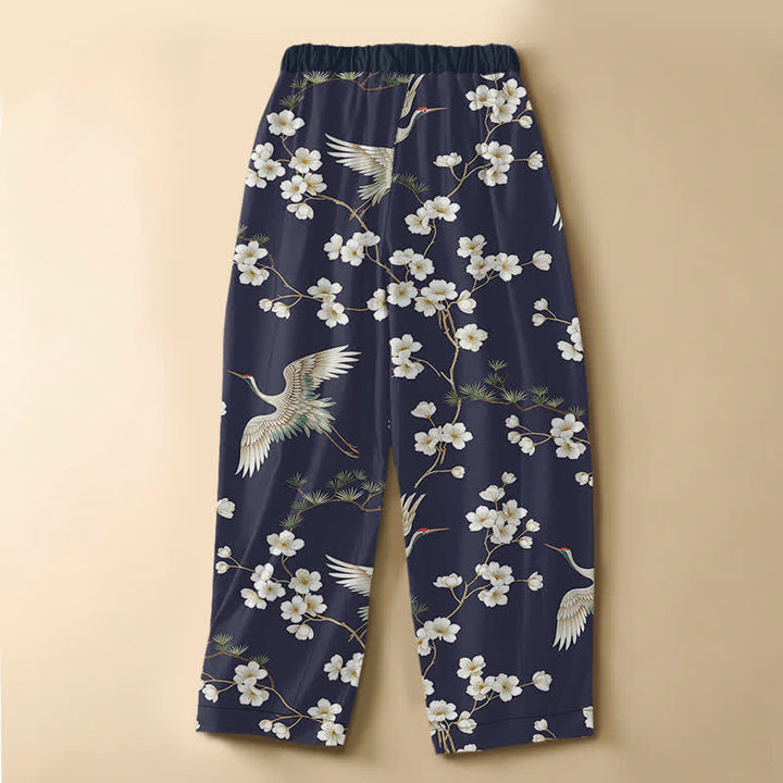 Buddha Stones Pure Cotton Vintage Crane Blossom Pattern Frog Button Women's Elastic Waist Harem Pants With Pockets - image 8