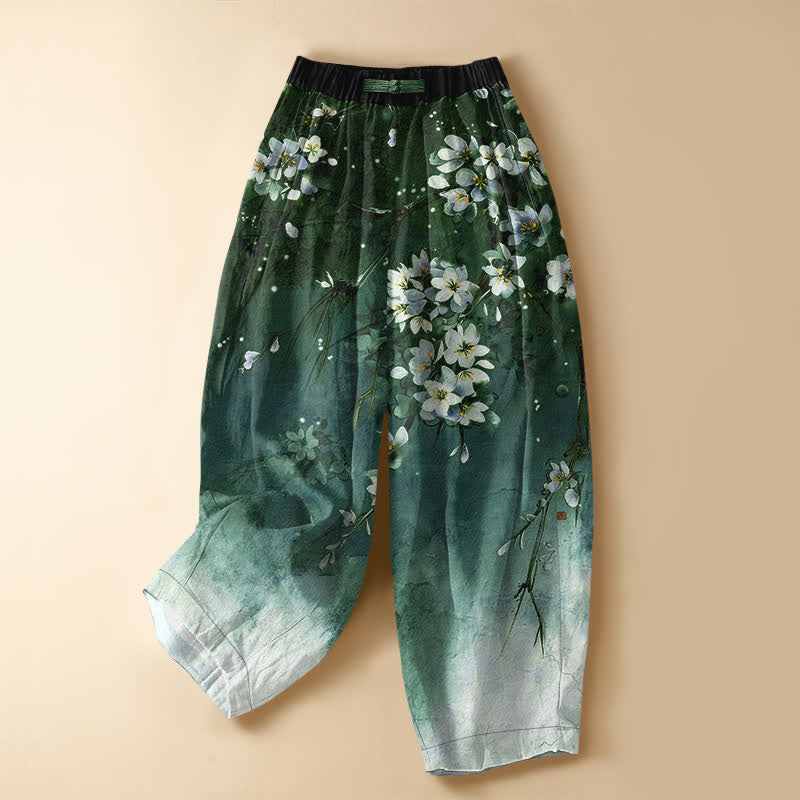 Buddha Stones Pure Cotton Ombre Sakura Blossom Pattern Frog Button Women's Elastic Waist Harem Pants With Pockets - MediumSeaGreen - US16，UK/AU20，EU48 (3XL) - image 7