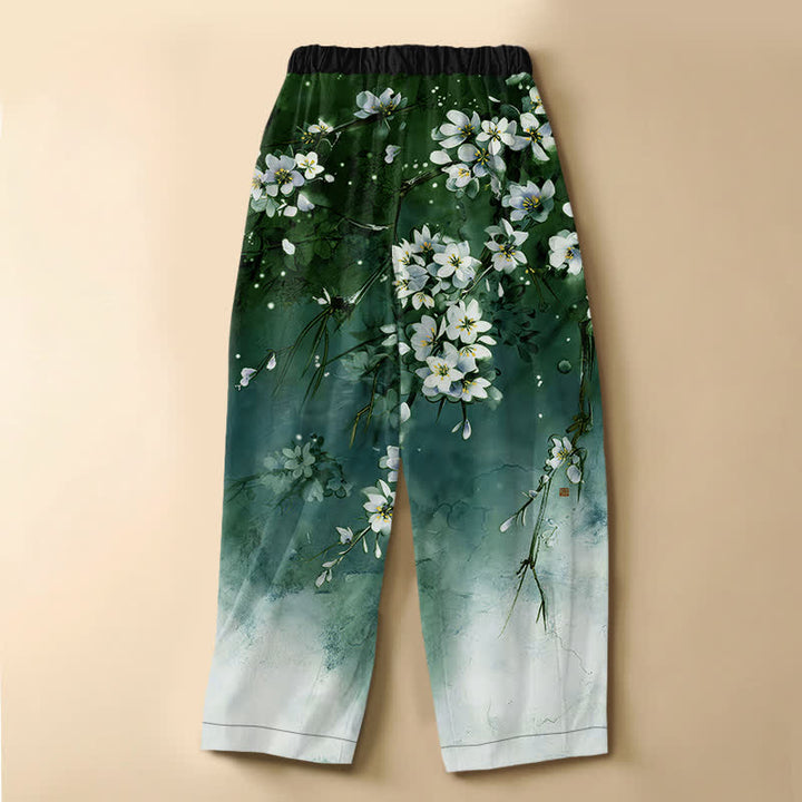 Buddha Stones Pure Cotton Ombre Sakura Blossom Pattern Frog Button Women's Elastic Waist Harem Pants With Pockets - image 8