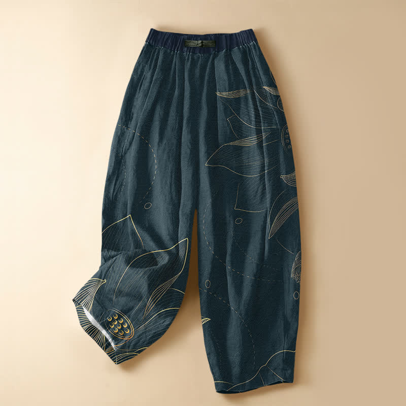 Buddha Stones Pure Cotton Vintage Lotus Line Art Pattern Frog Button Women's Elastic Waist Harem Pants With Pockets - Teal - US16，UK/AU20，EU48 (3XL) - image 0