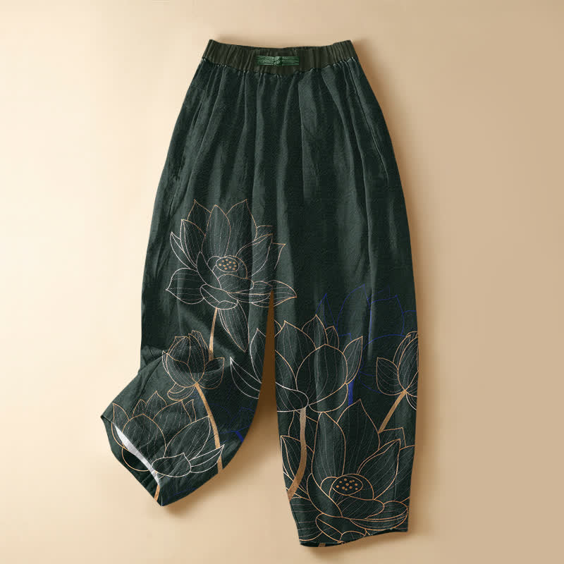 Buddha Stones Pure Cotton Elegant Lotus Outline Pattern Frog Button Women's Elastic Waist Harem Pants With Pockets - DarkGreen - US16，UK/AU20，EU48 (3XL) - image 0