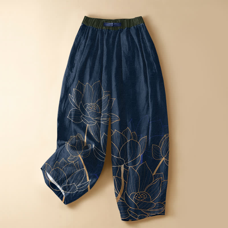 Buddha Stones Pure Cotton Elegant Lotus Outline Pattern Frog Button Women's Elastic Waist Harem Pants With Pockets - Navy - US16，UK/AU20，EU48 (3XL) - image 7