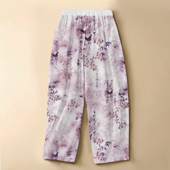 Buddha Stones Pure Cotton Calligraphy Floral Bird Pattern Frog Button Women's Elastic Waist Harem Pants With Pockets - image 8
