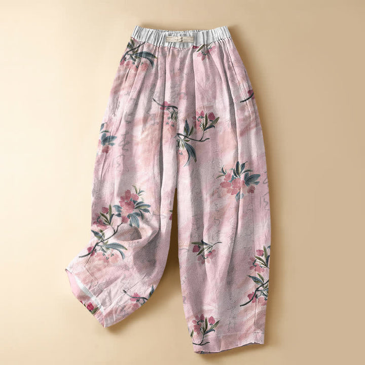 Buddha Stones Pure Cotton Romantic Blossom Leaf Pattern Frog Button Women's Elastic Waist Harem Pants With Pockets - Pink - US16，UK/AU20，EU48 (3XL) - image 0