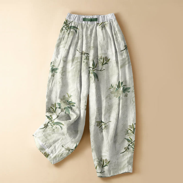 Buddha Stones Pure Cotton Romantic Blossom Leaf Pattern Frog Button Women's Elastic Waist Harem Pants With Pockets - MintCream - US16，UK/AU20，EU48 (3XL) - image 5