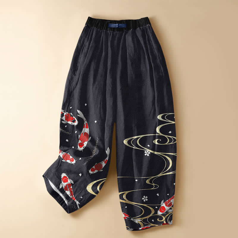 Buddha Stones Pure Cotton Oriental Koi Water Pattern Frog Button Women's Elastic Waist Harem Pants With Pockets - Black - US16，UK/AU20，EU48 (3XL) - image 0