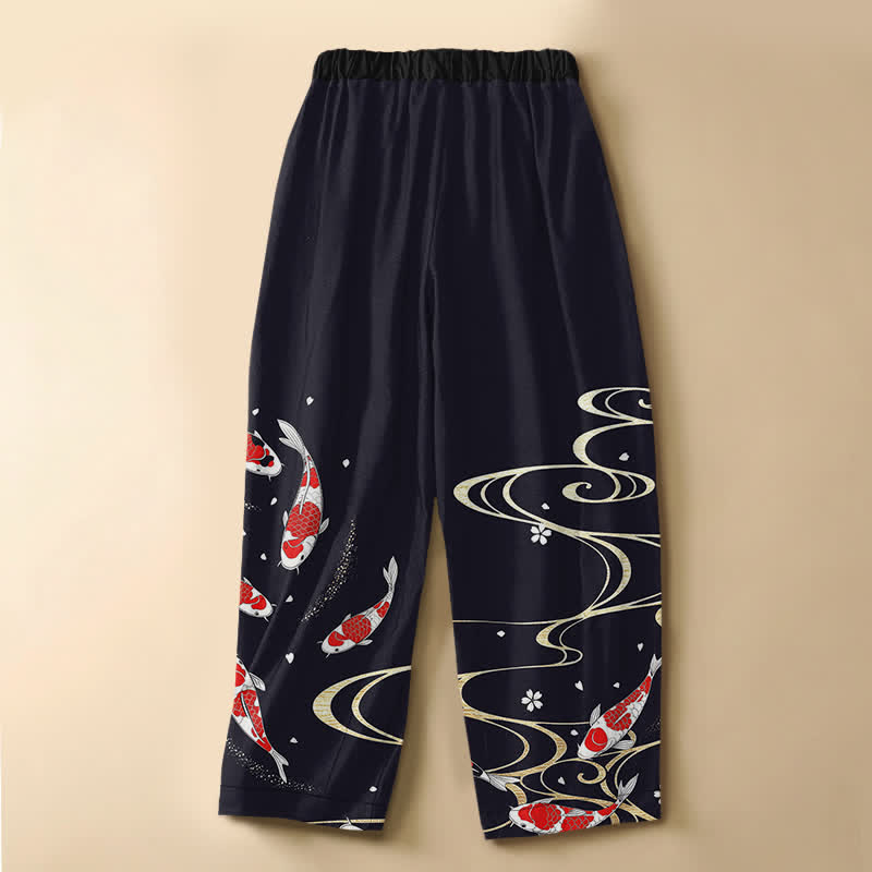 Buddha Stones Pure Cotton Oriental Koi Water Pattern Frog Button Women's Elastic Waist Harem Pants With Pockets - image 1