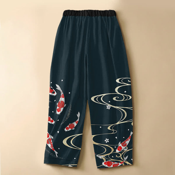 Buddha Stones Pure Cotton Oriental Koi Water Pattern Frog Button Women's Elastic Waist Harem Pants With Pockets - image 8