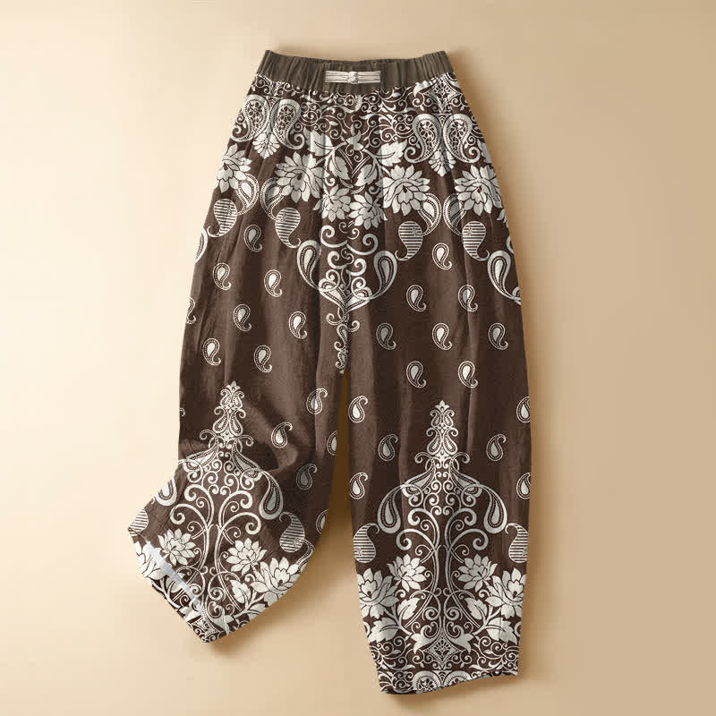 Buddha Stones Pure Cotton Vintage Border Paisley Bloom Pattern Frog Button Women's Elastic Waist Harem Pants With Pockets - SaddleBrown - US16，UK/AU20，EU48 (3XL) - image 0