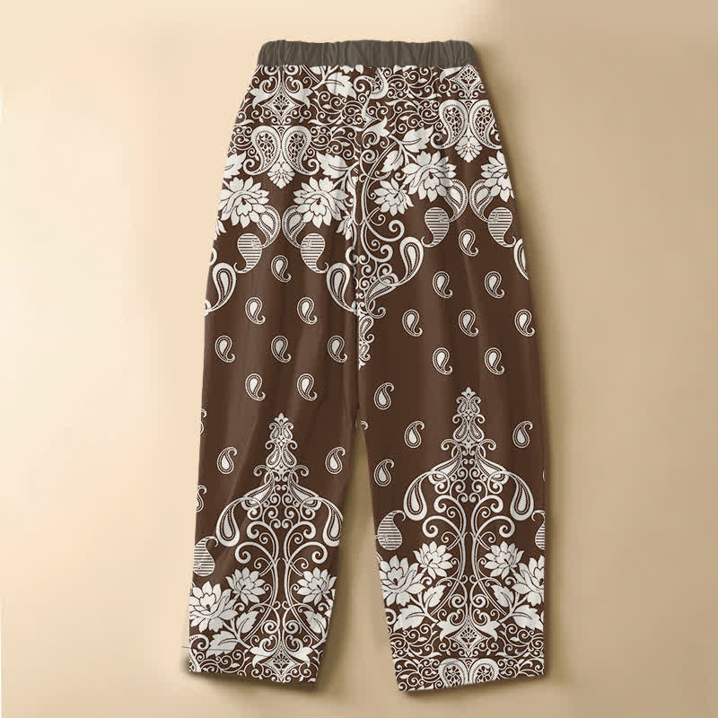 Buddha Stones Pure Cotton Vintage Border Paisley Bloom Pattern Frog Button Women's Elastic Waist Harem Pants With Pockets - image 1