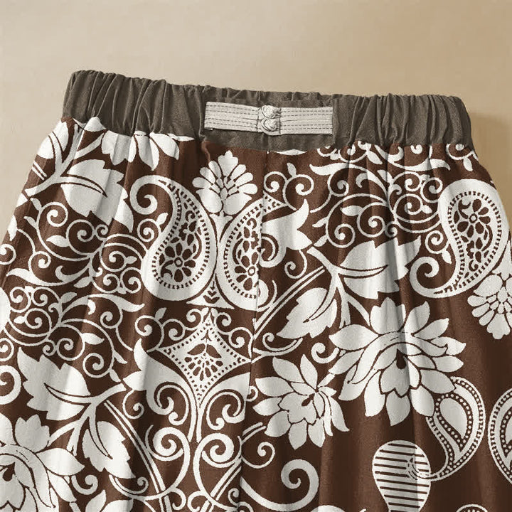 Buddha Stones Pure Cotton Vintage Border Paisley Bloom Pattern Frog Button Women's Elastic Waist Harem Pants With Pockets - image 3