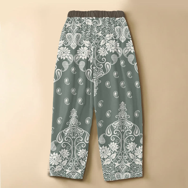 Buddha Stones Pure Cotton Vintage Border Paisley Bloom Pattern Frog Button Women's Elastic Waist Harem Pants With Pockets - image 8