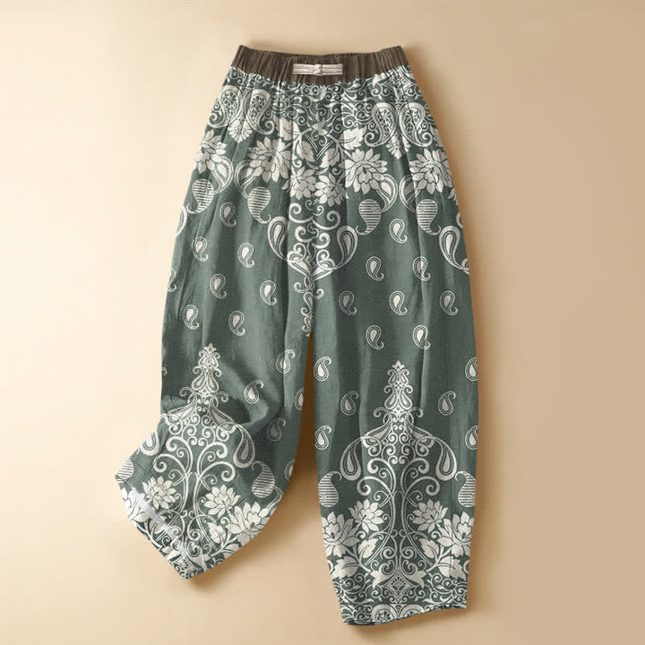 Buddha Stones Pure Cotton Vintage Border Paisley Bloom Pattern Frog Button Women's Elastic Waist Harem Pants With Pockets - MediumAquamarine - US16，UK/AU20，EU48 (3XL) - image 7