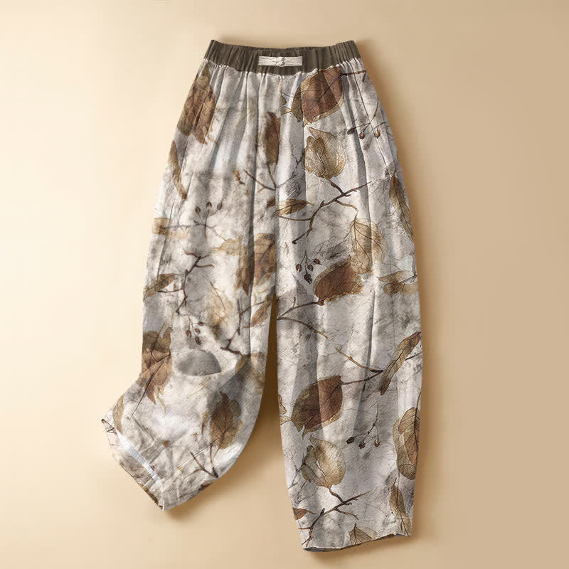 Buddha Stones Pure Cotton Autumn Leaf Botanical Pattern Frog Button Women's Elastic Waist Harem Pants With Pockets - Linen - US16，UK/AU20，EU48 (3XL) - image 0