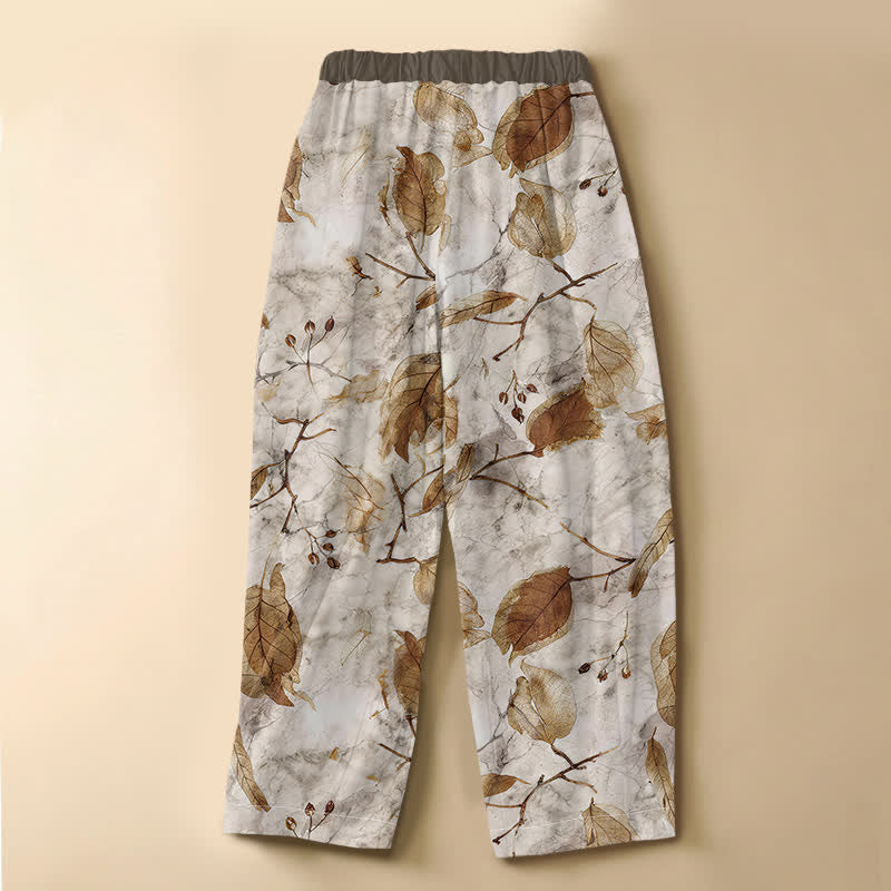 Buddha Stones Pure Cotton Autumn Leaf Botanical Pattern Frog Button Women's Elastic Waist Harem Pants With Pockets - image 1