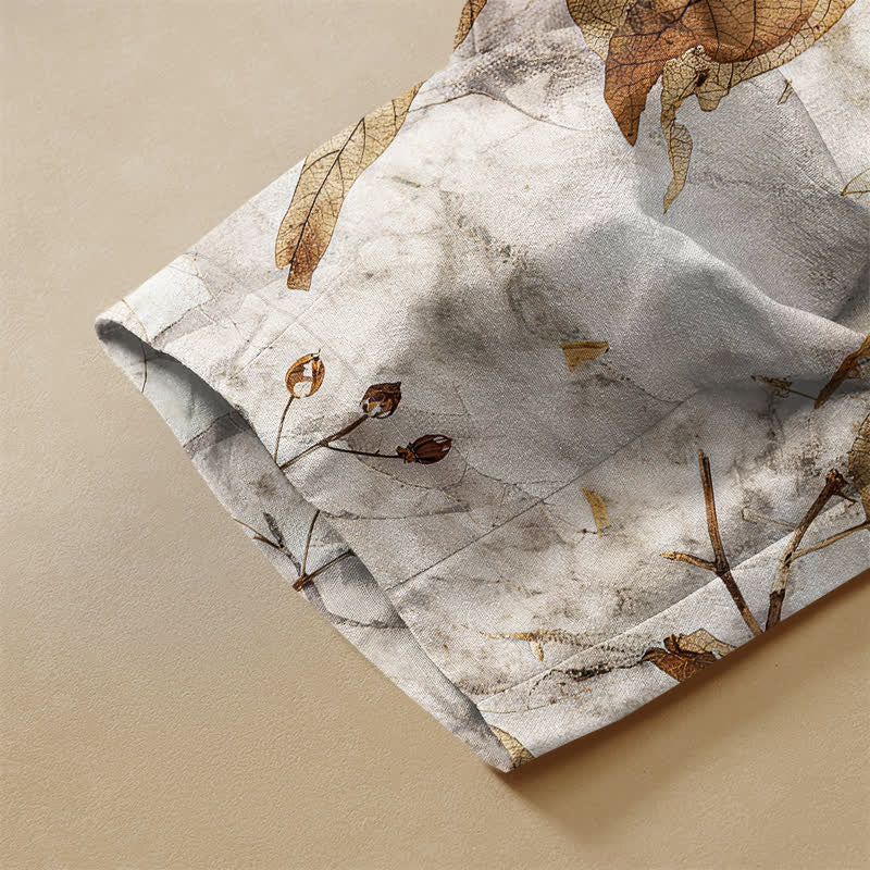 Buddha Stones Pure Cotton Autumn Leaf Botanical Pattern Frog Button Women's Elastic Waist Harem Pants With Pockets - image 2