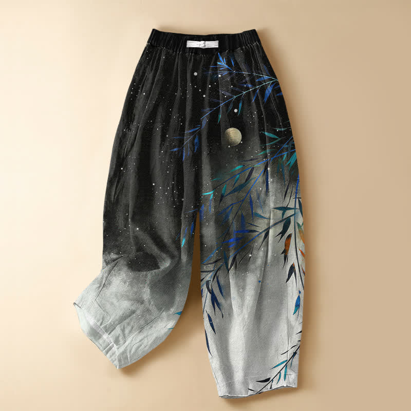 Buddha Stones Pure Cotton Starry Moon Bamboo Pattern Frog Button Women's Elastic Waist Harem Pants With Pockets - Black - US16，UK/AU20，EU48 (3XL) - image 0