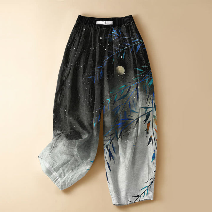 Buddha Stones Pure Cotton Starry Moon Bamboo Pattern Frog Button Women's Elastic Waist Harem Pants With Pockets - Black - US16，UK/AU20，EU48 (3XL) - image 0