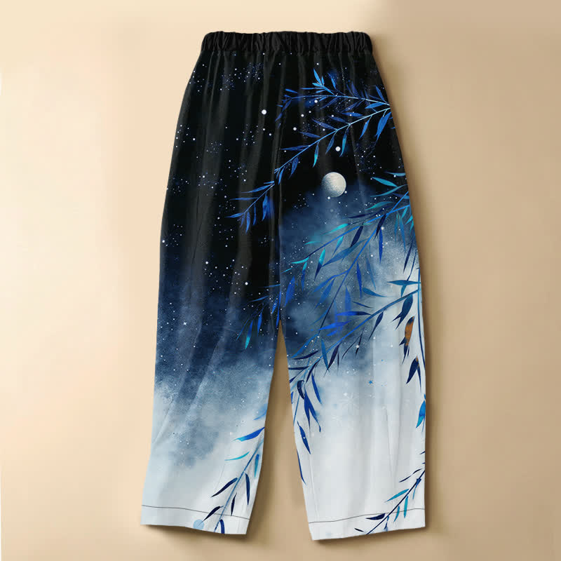 Buddha Stones Pure Cotton Starry Moon Bamboo Pattern Frog Button Women's Elastic Waist Harem Pants With Pockets - image 6