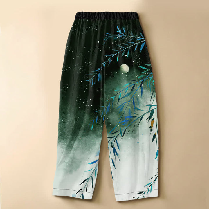 Buddha Stones Pure Cotton Starry Moon Bamboo Pattern Frog Button Women's Elastic Waist Harem Pants With Pockets - image 8