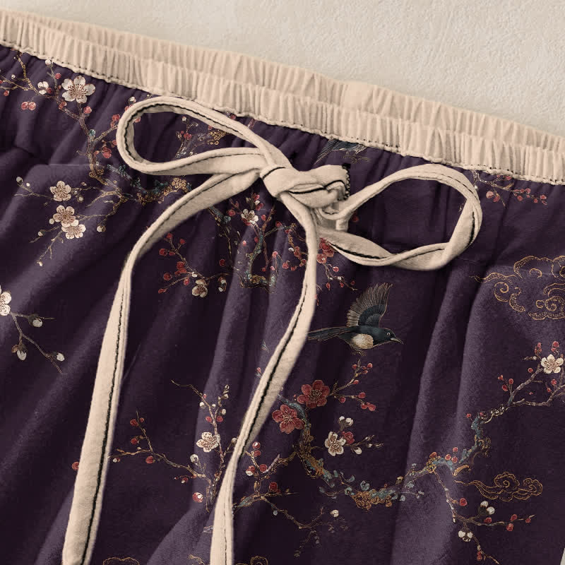 Buddha Stones Pure Cotton Elegant Bird Blossom Pattern Women's Elastic Waist Pants With Pockets - image 1
