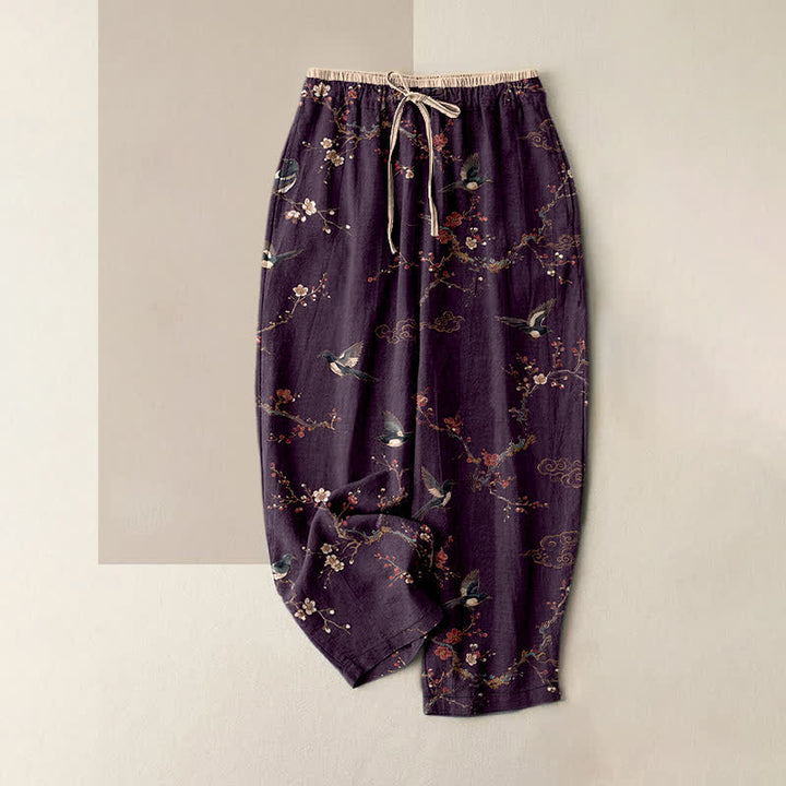 Buddha Stones Pure Cotton Elegant Bird Blossom Pattern Women's Elastic Waist Pants With Pockets - Purple - US16，UK/AU20，EU48 (3XL) - image 0