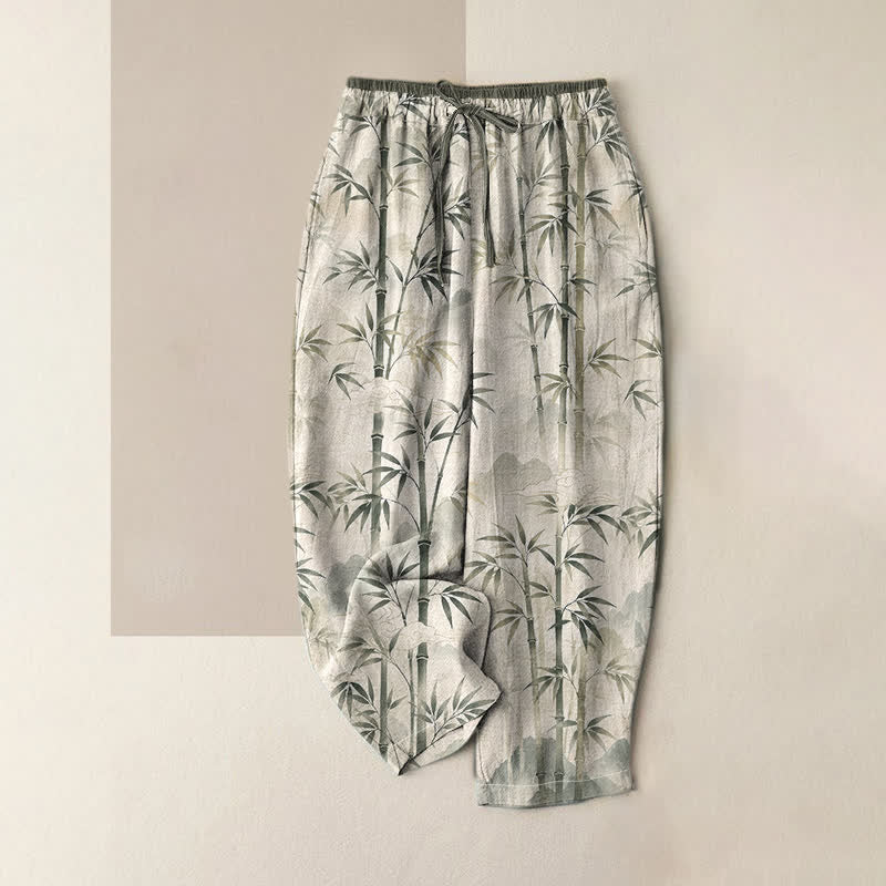 Buddha Stones Pure Cotton Zen Bamboo Leaf Pattern Women's Elastic Waist Pants With Pockets - Linen - US16，UK/AU20，EU48 (3XL) - image 0