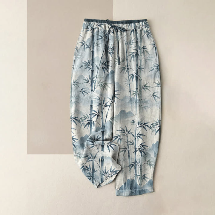 Buddha Stones Pure Cotton Zen Bamboo Leaf Pattern Women's Elastic Waist Pants With Pockets - LightBlue - US16，UK/AU20，EU48 (3XL) - image 3