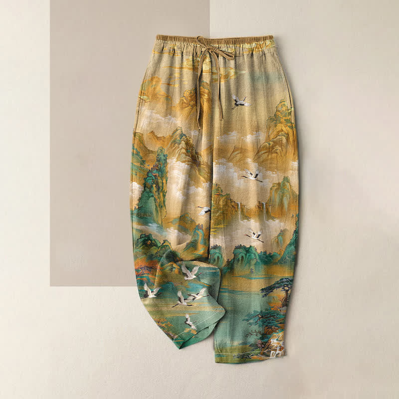 Buddha Stones Pure Cotton Misty Mountain Crane Pattern Women's Elastic Waist Pants With Pockets - Wheat - US16，UK/AU20，EU48 (3XL) - image 0