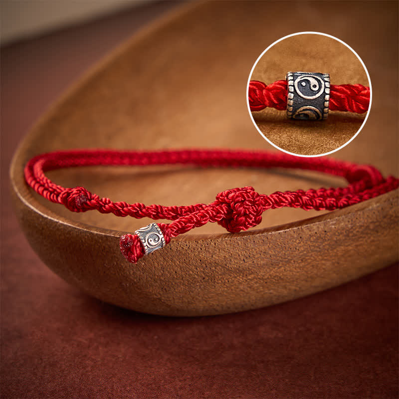 Buddha Stones Red String 925 Sterling Silver Yin Yang Protection Bracelet - Dark Red String - 6.3–7.1 in (16–18 cm) - image 0