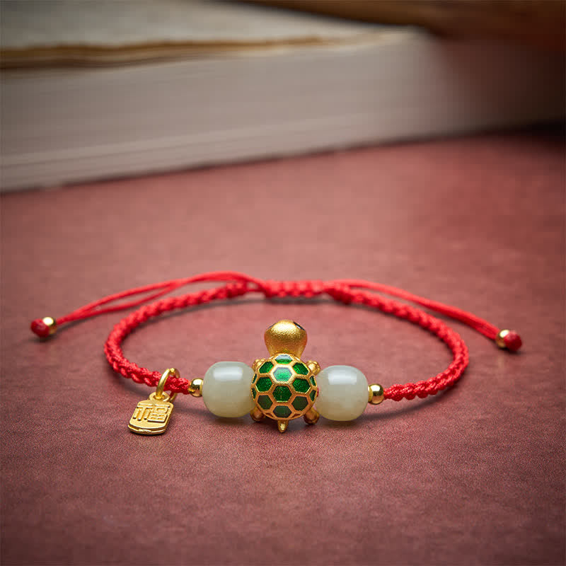 Buddha Stones Copper Turtle Fu Character Hetian Jade Red String Prosperity Bracelet - image 3
