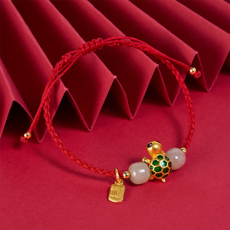 Buddha Stones Copper Turtle Fu Character Hetian Jade Red String Prosperity Bracelet - image 2