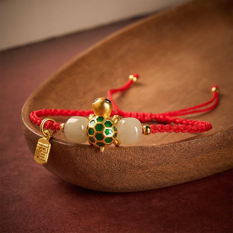Buddha Stones Copper Turtle Fu Character Hetian Jade Red String Prosperity Bracelet - image 1