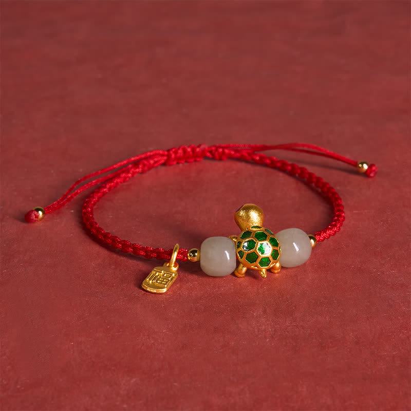 Buddha Stones Copper Turtle Fu Character Hetian Jade Red String Prosperity Bracelet - image 4