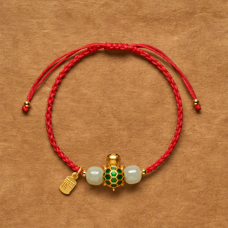 Buddha Stones Copper Turtle Fu Character Hetian Jade Red String Prosperity Bracelet - Turtle Red String Bracelet - 5.5–7.1 in/14–18 cm - image 0