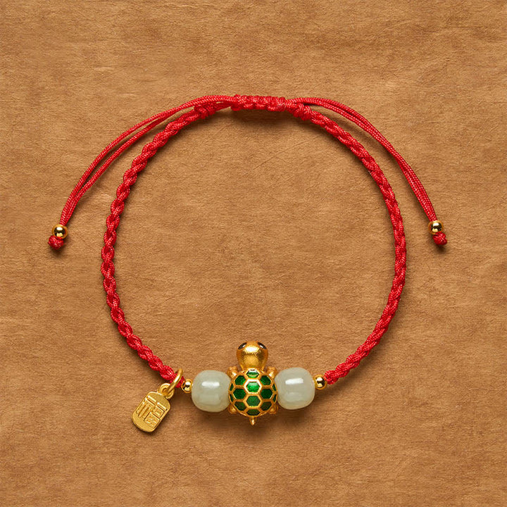 Buddha Stones Copper Turtle Fu Character Hetian Jade Red String Prosperity Bracelet - Turtle Red String Bracelet - 5.5–7.1 in/14–18 cm - image 0