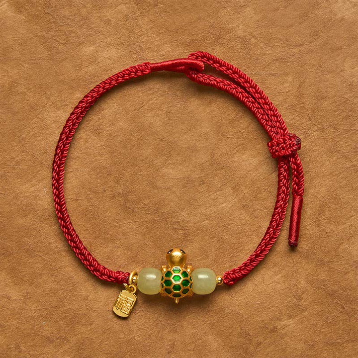 Buddha Stones Copper Turtle Fu Character Hetian Jade Red String Luck Bracelet - Turtle Red String Bracelet - 5.5–7.1 in (14–18 cm) - image 0