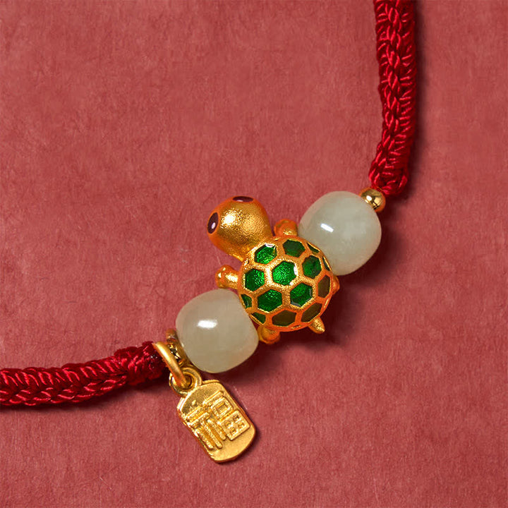 Buddha Stones Copper Turtle Fu Character Hetian Jade Red String Luck Bracelet - image 5