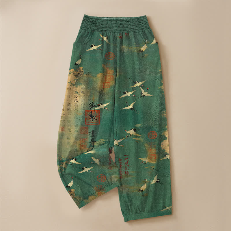 Buddha Stones Cotton Oriental Crane Calligraphy Pattern Pleated Elastic Waist Women's Harem Pants With Pockets - image 3