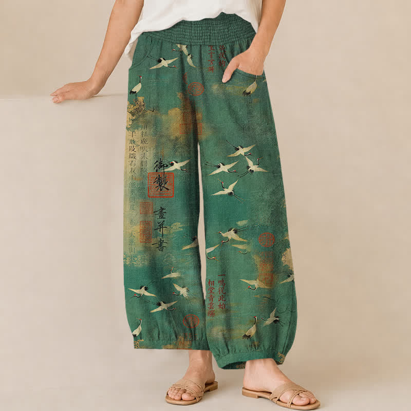 Buddha Stones Cotton Oriental Crane Calligraphy Pattern Pleated Elastic Waist Women's Harem Pants With Pockets - SeaGreen - US16，UK/AU20，EU48 (3XL) - image 0