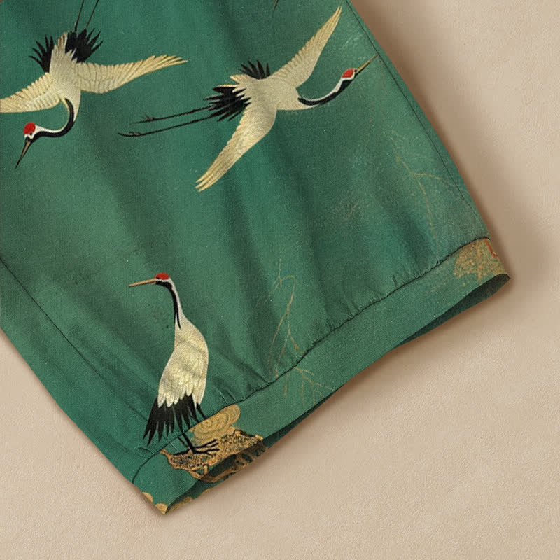 Buddha Stones Cotton Oriental Crane Calligraphy Pattern Pleated Elastic Waist Women's Harem Pants With Pockets - image 5