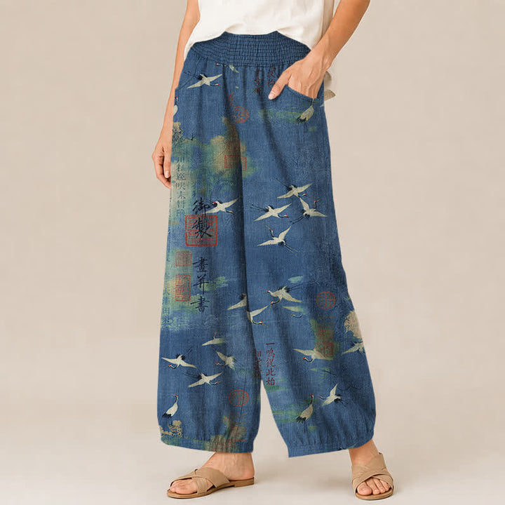 Buddha Stones Cotton Oriental Crane Calligraphy Pattern Pleated Elastic Waist Women's Harem Pants With Pockets - image 7