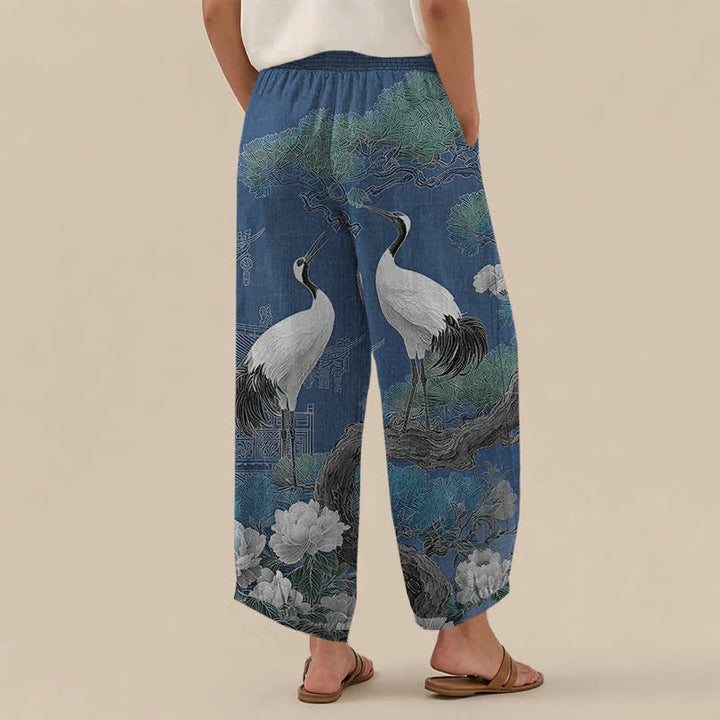 Buddha Stones Cotton Oriental Crane White Blossom Pattern Pleated Elastic Waist Women's Harem Pants With Pockets - image 2